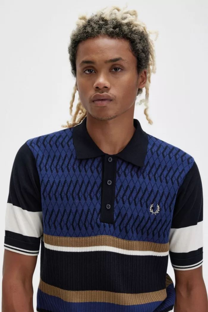 Fred Perry Argyle Panel Knitted Men’s Shirt French Navy | JZAYU3804