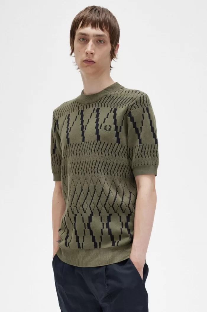 Fred Perry Argyle Panel Knitted Men’s T-Shirt Uniform Green | UJRNO3850