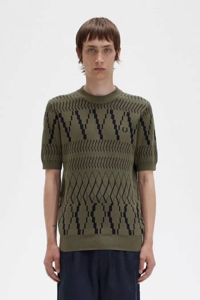 Fred Perry Argyle Panel Knitted Men’s T-Shirt Uniform Green | UJRNO3850