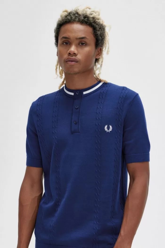 Fred Perry Cable Knit Henley Men’s Shirt French Navy | AFQXV7036