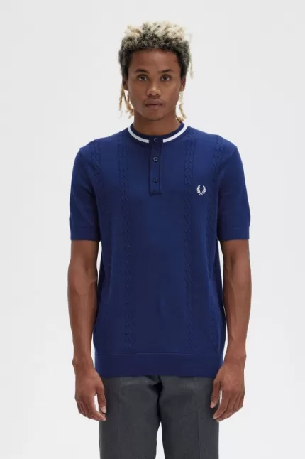 Fred Perry Cable Knit Henley Men's Shirt French Navy | AFQXV7036