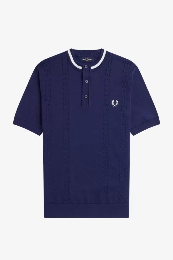 Fred Perry Cable Knit Henley Men’s Shirt French Navy | AFQXV7036