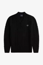 Fred Perry Cable Knit V Neck Men’s Jumper Black | GYZEO0143