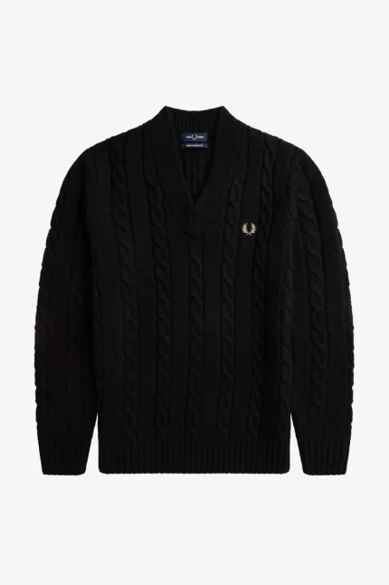 Fred Perry Cable Knit V Neck Men’s Jumper Black | GYZEO0143