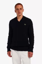 Fred Perry Cable Knit V Neck Men’s Jumper Black | GYZEO0143