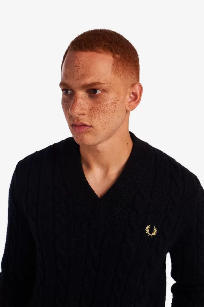 Fred Perry Cable Knit V Neck Men’s Jumper Black | GYZEO0143