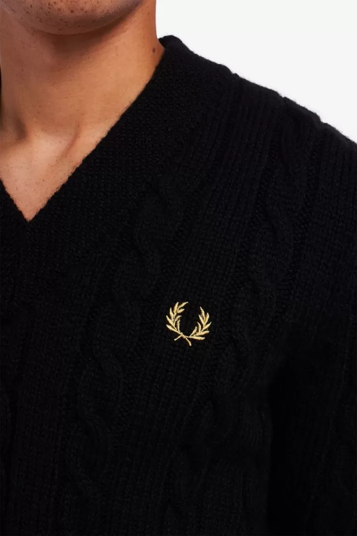 Fred Perry Cable Knit V Neck Men’s Jumper Black | GYZEO0143