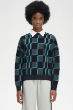 Fred Perry Chequerboard Women’s Jumper Cyber Blue | PXEWZ7480