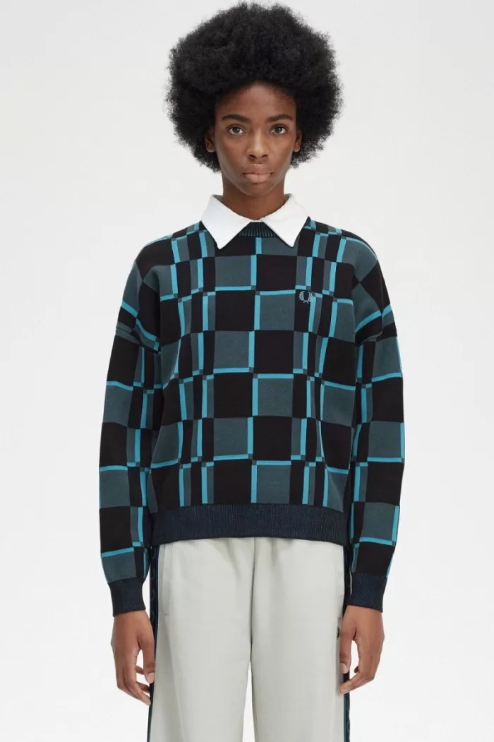 Fred Perry Chequerboard Women’s Jumper Cyber Blue | PXEWZ7480