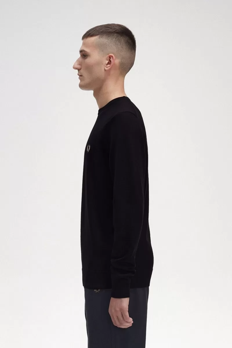 Fred Perry Classic Crew Neck Mens Jumper Black ELWFK0689 1 - Fred Perry Classic Crew Neck Men's Jumper Black | ELWFK0689