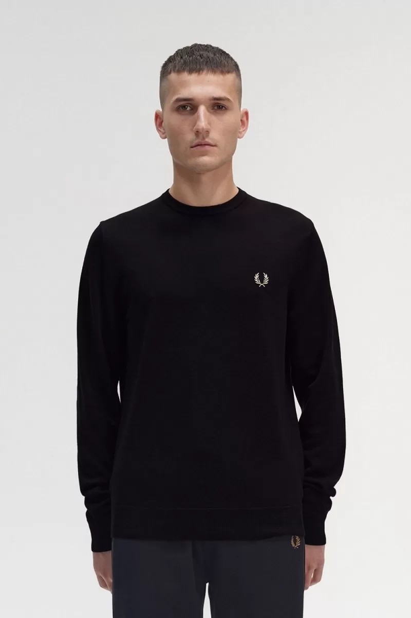 Fred Perry Classic Crew Neck Mens Jumper Black ELWFK0689 - Fred Perry Classic Crew Neck Men's Jumper Black | ELWFK0689