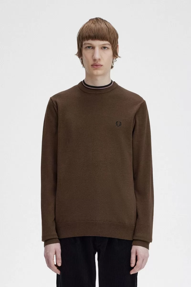 Fred Perry Classic Crew Neck Mens Jumper Burnt Tobacco WCTSG3947 - Fred Perry Classic Crew Neck Men's Jumper Burnt Tobacco | WCTSG3947