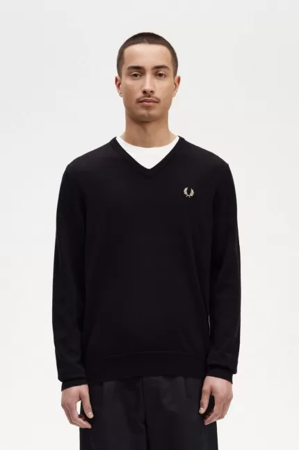 Fred Perry Classic V-Neck Men’s Jumper Black | YCVQP0698