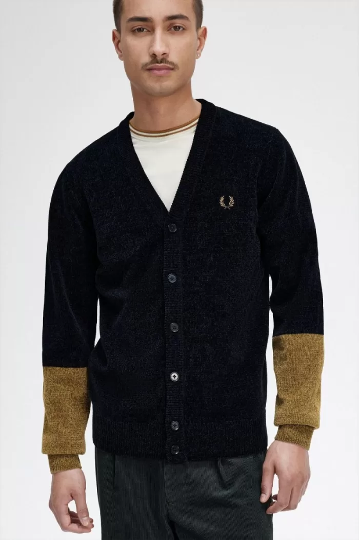 Fred Perry Colour Block Chenille Men’s Cardigan Black | BVXIA6497