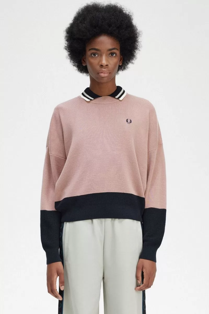 Fred Perry Colour Block Womens Jumper Dusty Rose Pink VRHJA0495 - Fred Perry Colour Block Women's Jumper Dusty Rose Pink | VRHJA0495