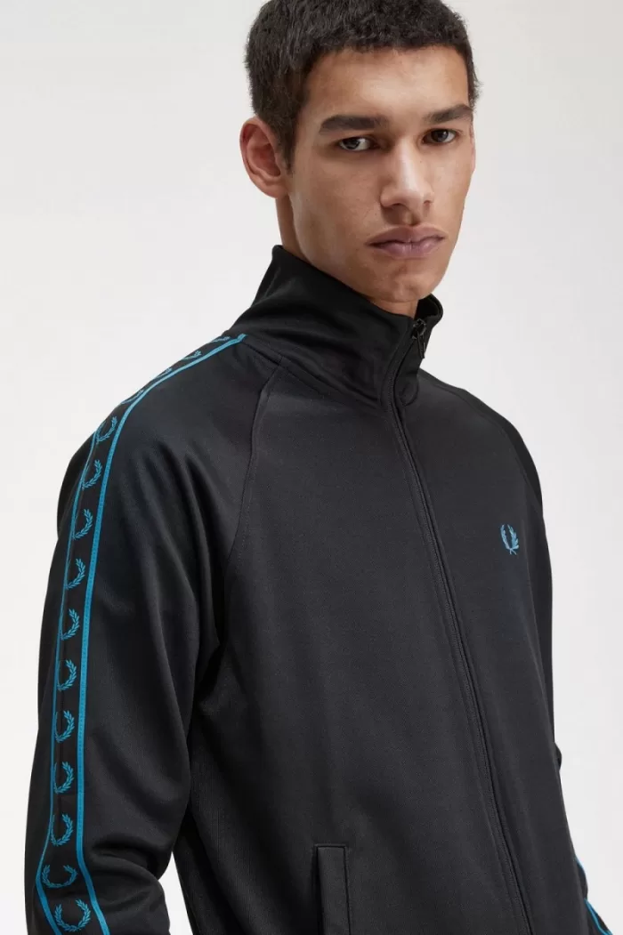 Fred Perry Contrast Tape Men’s Track Jackets Black Cyber Blue | BDNSO1607