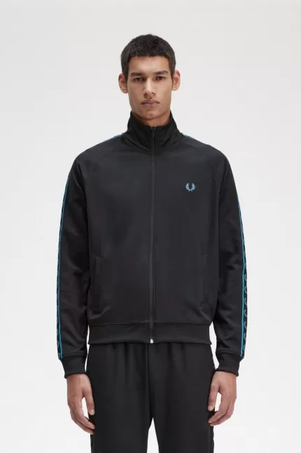 Fred Perry Contrast Tape Men’s Track Jackets Black Cyber Blue | BDNSO1607