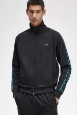 Fred Perry Contrast Tape Men’s Track Jackets Black Cyber Blue | BDNSO1607