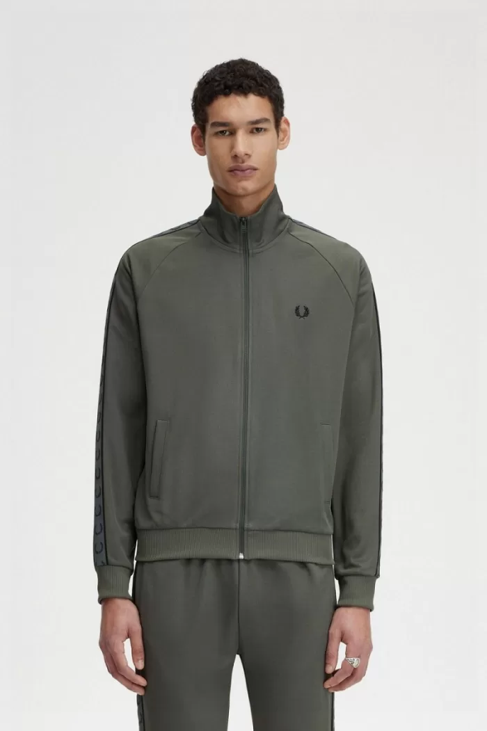 Fred Perry Contrast Tape Men’s Track Jackets Field Green Black | XOMAS7806