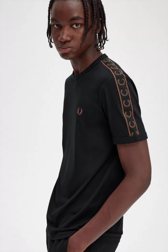 Fred Perry Contrast Tape Ringer Men’s T-Shirt Black Whisky Brown | PJLIH8419