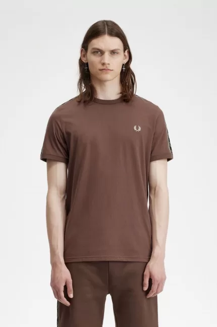 Fred Perry Contrast Tape Ringer Men’s T-Shirt Dark Red Warm Grey | YJOEB7359