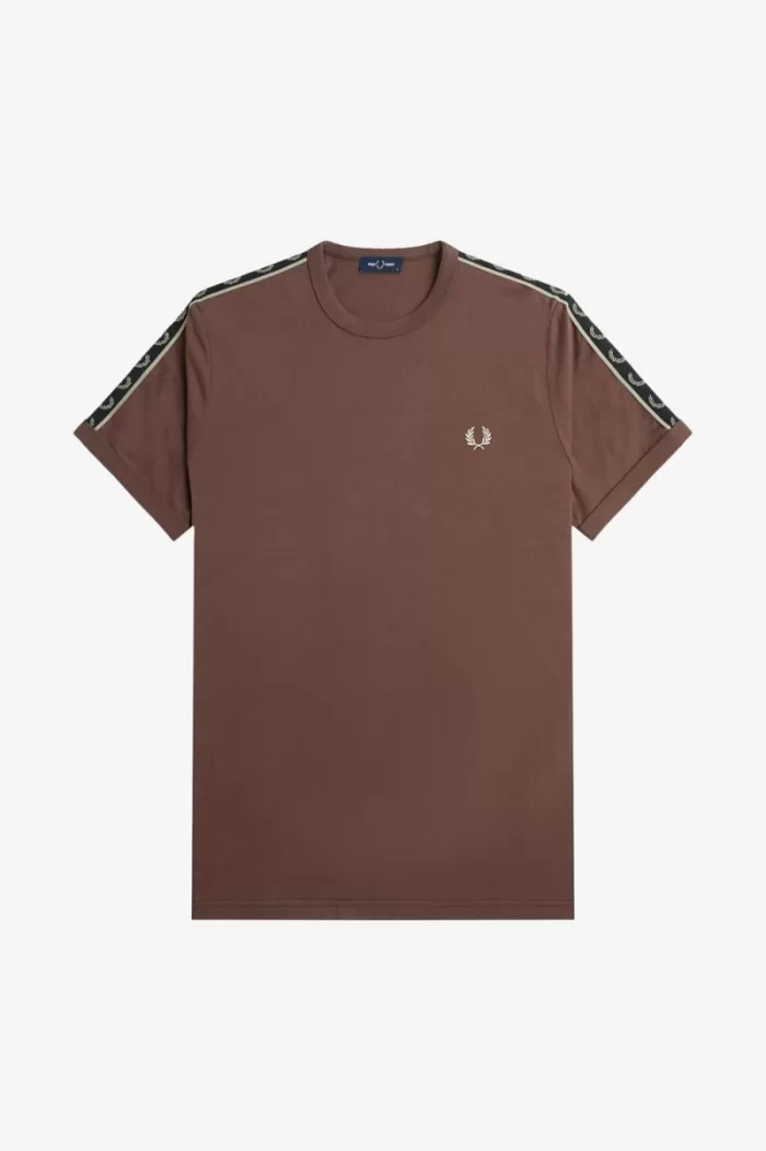 Fred Perry Contrast Tape Ringer Men’s T-Shirt Dark Red Warm Grey | YJOEB7359