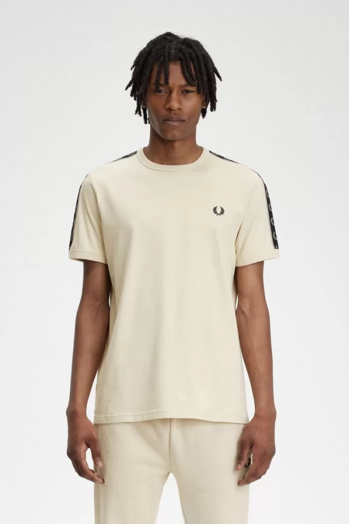 Fred Perry Contrast Tape Ringer Men’s T-Shirt Oatmeal Warm Grey | YARFZ8367