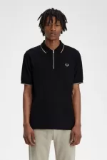 Fred Perry Crepe Pique Zip Neck Men’s Polo Shirt Black | ANKMW6105