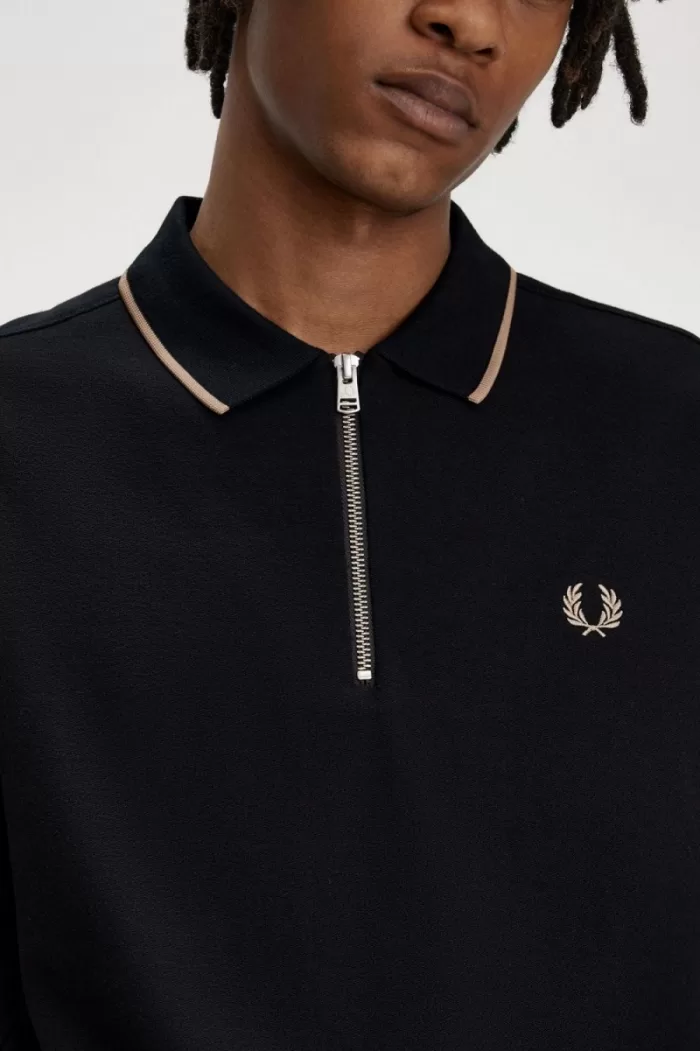 Fred Perry Crepe Pique Zip Neck Men’s Polo Shirt Black | ANKMW6105