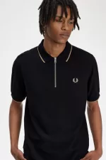 Fred Perry Crepe Pique Zip Neck Men’s Polo Shirt Black | ANKMW6105