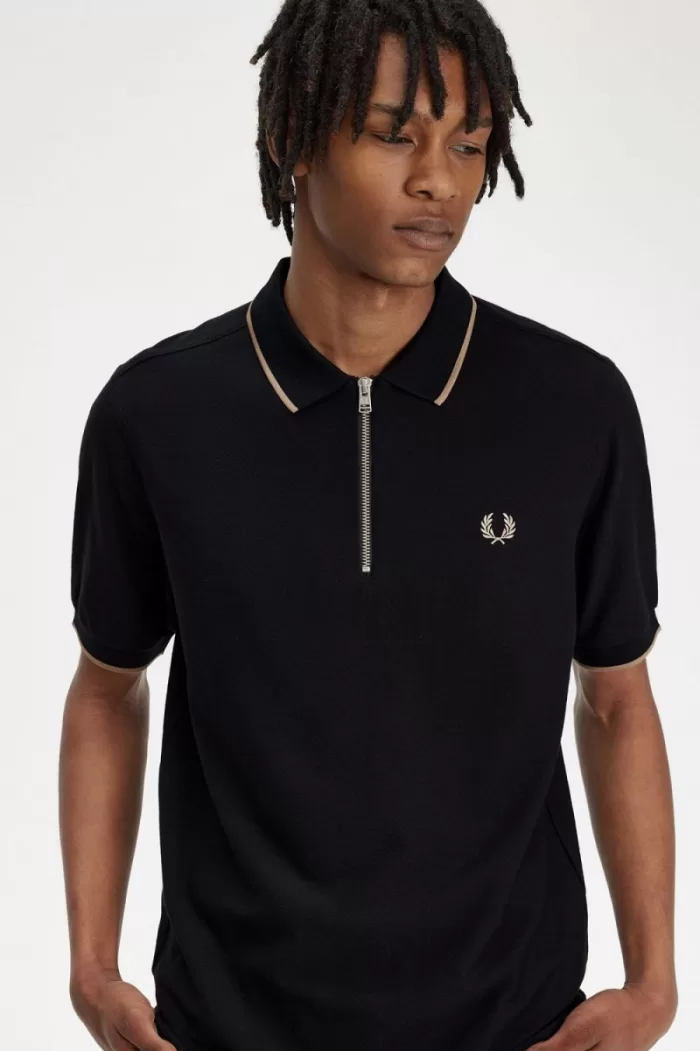 Fred Perry Crepe Pique Zip Neck Men’s Polo Shirt Black | ANKMW6105