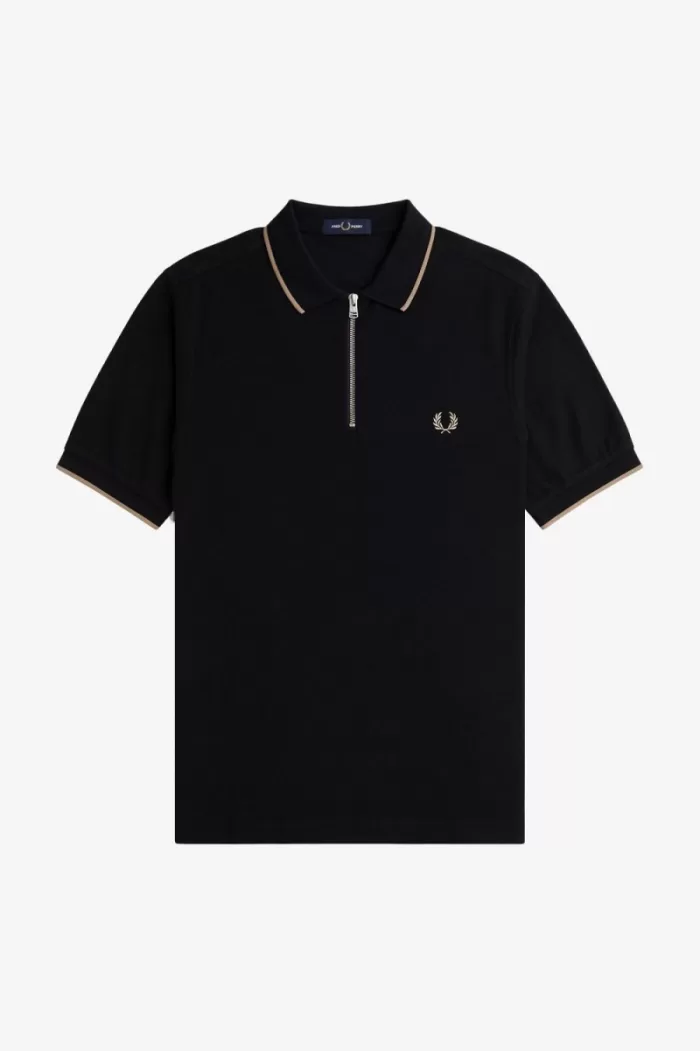 Fred Perry Crepe Pique Zip Neck Men’s Polo Shirt Black | ANKMW6105