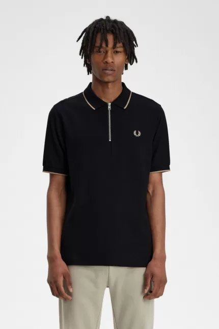 Fred Perry Crepe Pique Zip Neck Men’s Polo Shirt Black | ANKMW6105