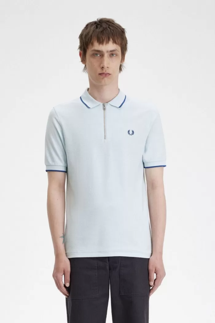 Fred Perry Crepe Pique Zip Neck Men’s Polo Shirt Light Aqua | PCQBX9503