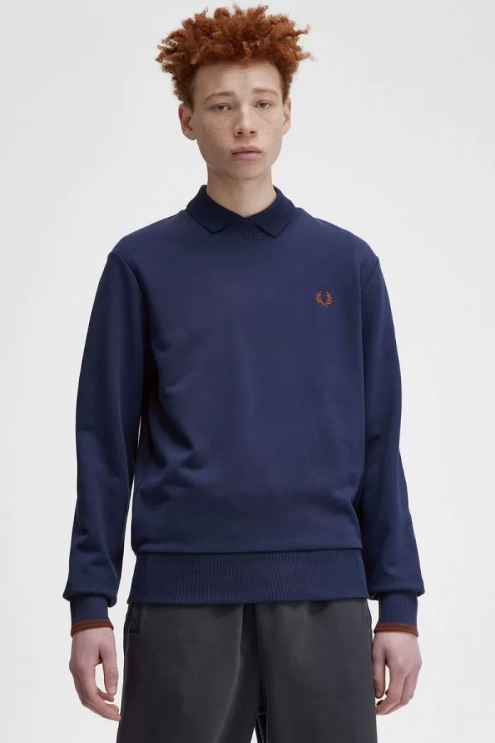 Fred Perry Crew Neck Men’s Sweatshirts French Navy Whisky Brown | YJOUR5793