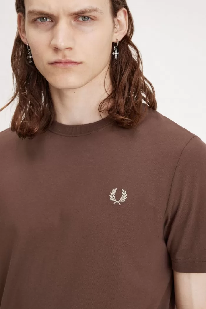 Fred Perry Crew Neck Men’s T-Shirt Dark Red Warm Grey | KZNVD1037