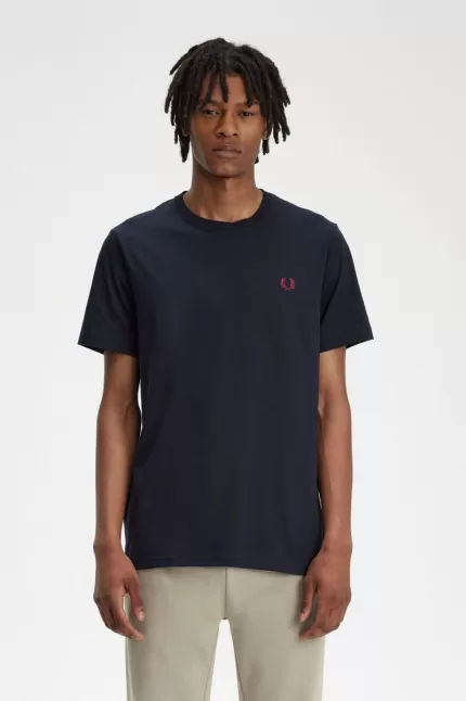 Fred Perry Crew Neck Men’s T-Shirt Navy Burnt Red | KWSRL0417