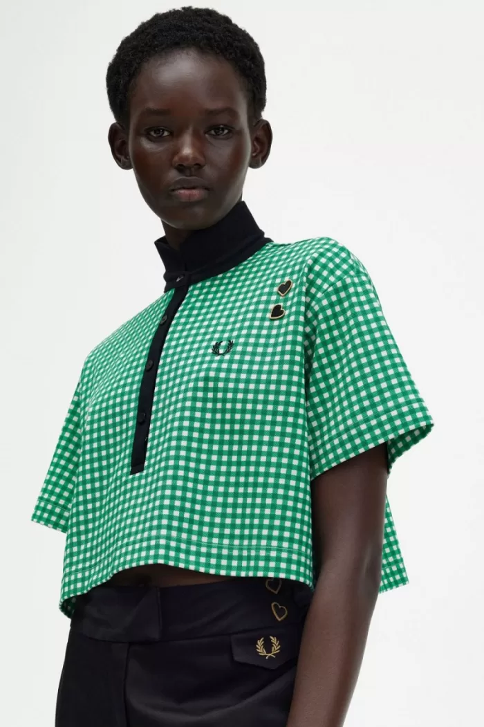 Fred Perry Cropped Gingham Piqué Women’s Polo Shirt Green | FOHWT6529