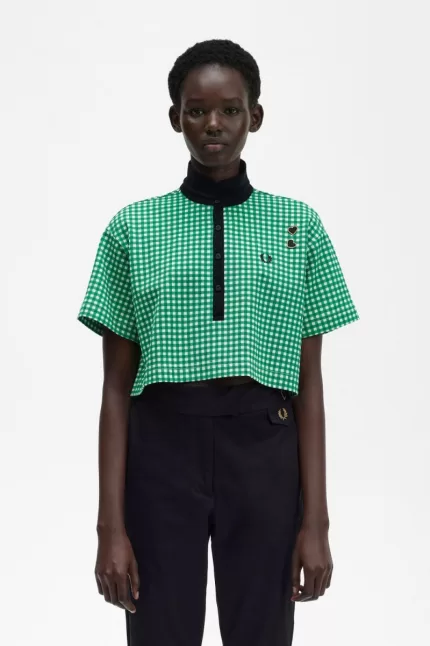 Fred Perry Cropped Gingham Piqué Women’s Polo Shirt Green | FOHWT6529