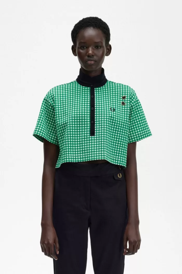 Fred Perry Cropped Gingham Piqué Women’s Polo Shirt Green | FOHWT6529