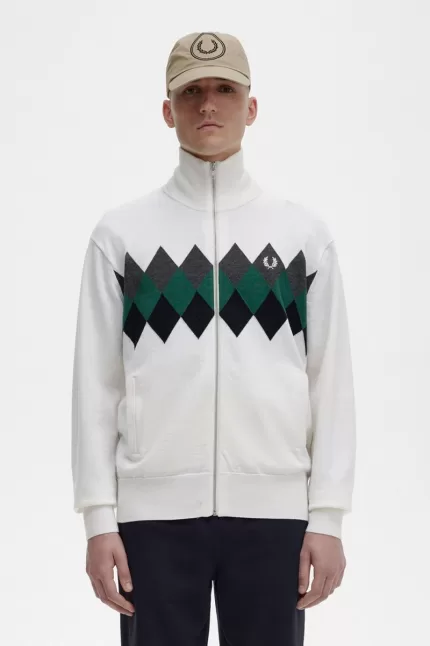 Fred Perry Diamond Intarsia Men’s Cardigan Snow White | NIOHE3258