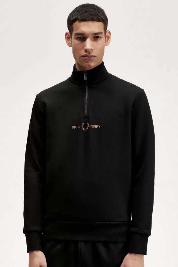 Fred Perry Double Graphic Half Zip Men’s Sweatshirts Black | ZUOBY5624