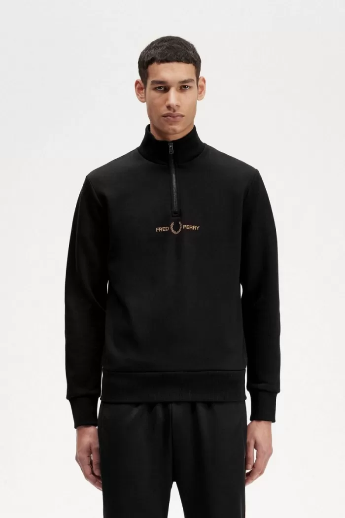 Fred Perry Double Graphic Half Zip Men’s Sweatshirts Black | ZUOBY5624