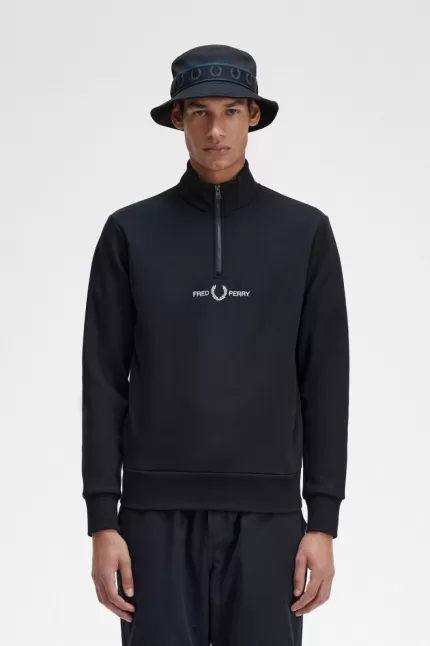 Fred Perry Embroidered Half Zip Men’s Sweatshirts Black | FLMRD8015