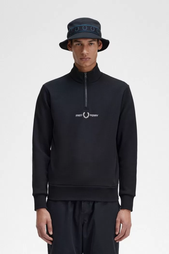 Fred Perry Embroidered Half Zip Men’s Sweatshirts Black | FLMRD8015