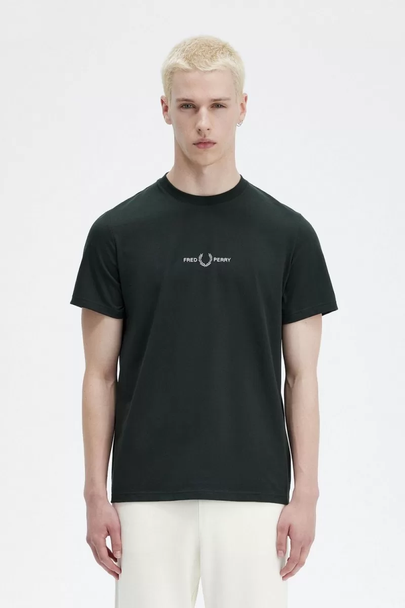 Fred Perry Embroidered Mens T Shirt Night Green EMAQO3091 - Fred Perry Embroidered Men's T-Shirt Night Green | EMAQO3091