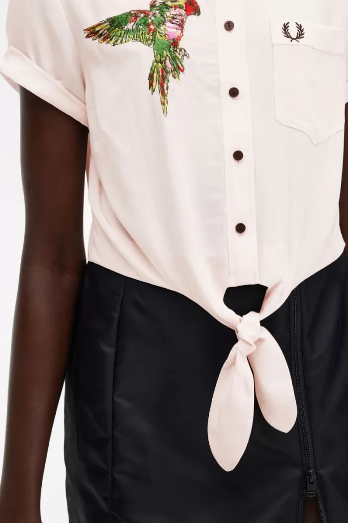 Fred Perry Embroidered Tie-Front Women’s Shirt Milky Pink | USDXJ5298