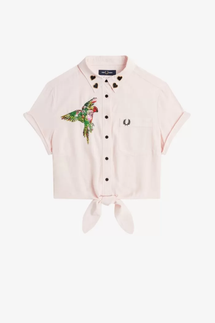 Fred Perry Embroidered Tie-Front Women’s Shirt Milky Pink | USDXJ5298