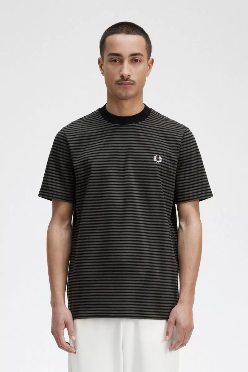 Fred Perry Fine Stripe Heavyweight Mens T Shirt Black Field Green TZKBD8395 - Fred Perry Fine Stripe Heavyweight Men's T-Shirt Black Field Green | TZKBD8395