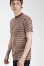 Fred Perry Fine Stripe Heavyweight Men’s T-Shirt Dark Red Warm Grey | WLMOX2489